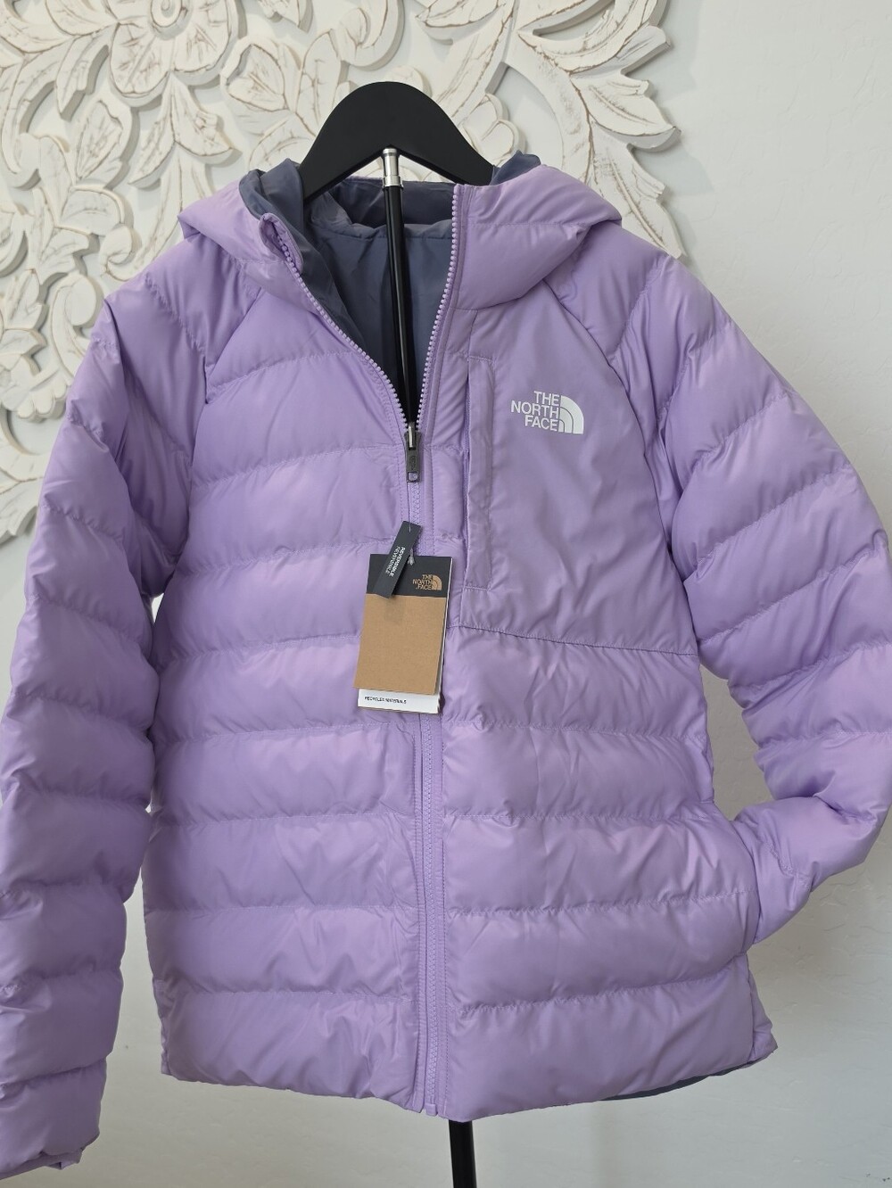 The North Face Girl's Reversible Hooded Puffer Jacket Purple Grey Size 12